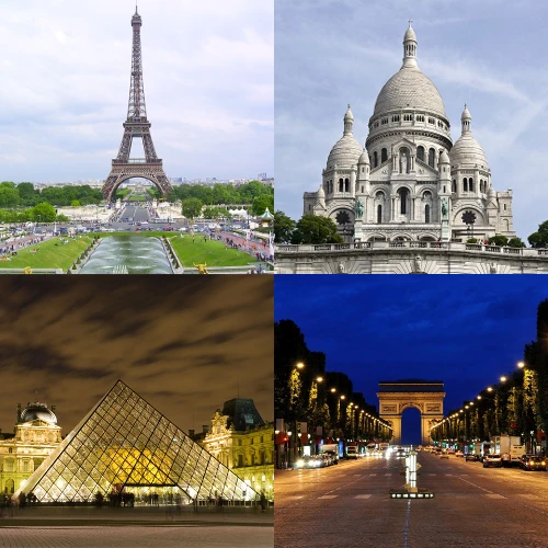 Paris monuments, Eiffle tower, Sacré Coeur, Louvre, Champs Elysées